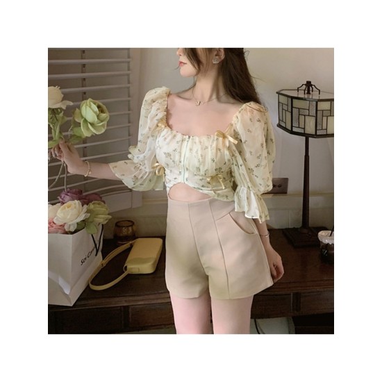 French Style Floral Puff Sleeve Cropped Blouse