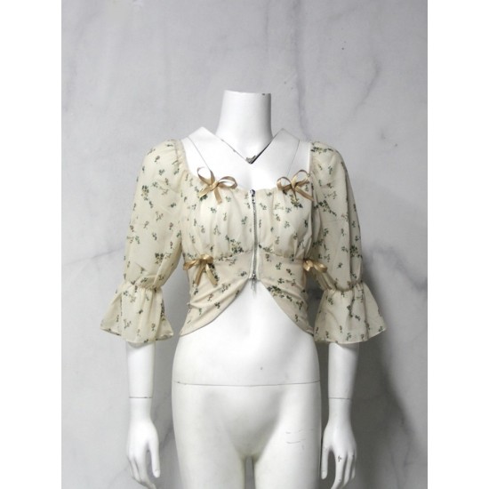 French Style Floral Puff Sleeve Cropped Blouse