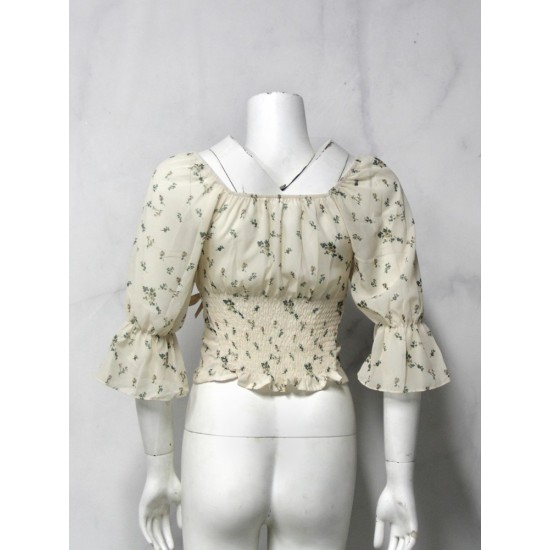 French Style Floral Puff Sleeve Cropped Blouse