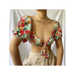 Summer Sexy Printed V-Neck Puff Sleeve Top