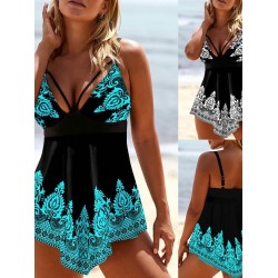 Swimwear Swimdresses Plus Size Swimsuit 2 Piece Printing Graphic Black Blue Bathing Suits Sports Summer