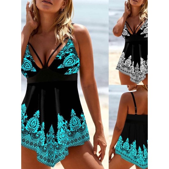 Swimwear Swimdresses Plus Size Swimsuit 2 Piece Printing Graphic Black Blue Bathing Suits Sports Summer