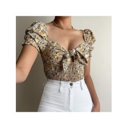 Summer Puff Sleeve Floral Ruched Ladies Blouse