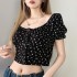 Black Floral Backless Puff Sleeve Cropped Blouse