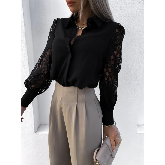 Spring Fashion Solid Lace Long Sleeve Blouse