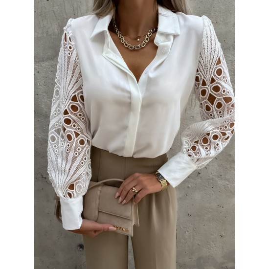 Spring Fashion Solid Lace Long Sleeve Blouse