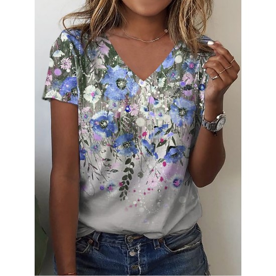 T shirt Tee Pink Blue Green Floral Print Short Sleeve Holiday Weekend Basic V Neck Regular Floral Painting S