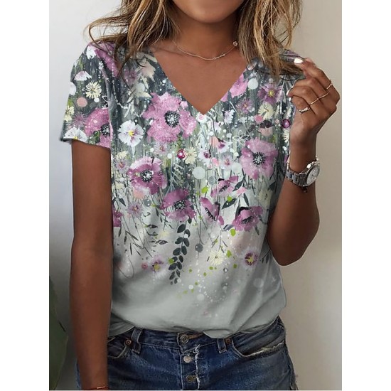 T shirt Tee Pink Blue Green Floral Print Short Sleeve Holiday Weekend Basic V Neck Regular Floral Painting S