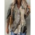 Shirt Blouse Khaki Flower Button Print Long Sleeve Daily Weekend Streetwear Casual V Neck Regular S