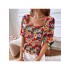 Fashion Flower Print Square Neck Ruched Women’s Shirt