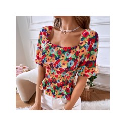 Fashion Flower Print Square Neck Ruched Women’s Shirt