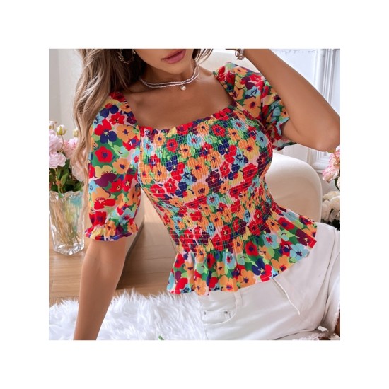 Fashion Flower Print Square Neck Ruched Women’s Shirt