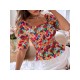 Fashion Flower Print Square Neck Ruched Women’s Shirt