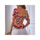 Fashion Flower Print Square Neck Ruched Women’s Shirt