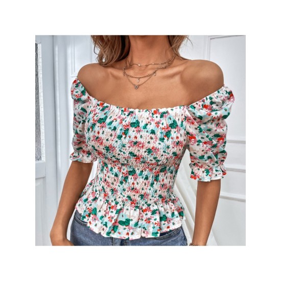 Fashion Square Neck Ruched Floral Women’s Top