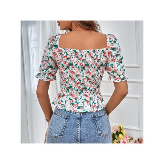 Fashion Square Neck Ruched Floral Women’s Top