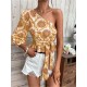 Mandala Printing One Shoulder Ruffled Lace Up Blouses