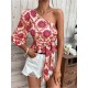 Mandala Printing One Shoulder Ruffled Lace Up Blouses