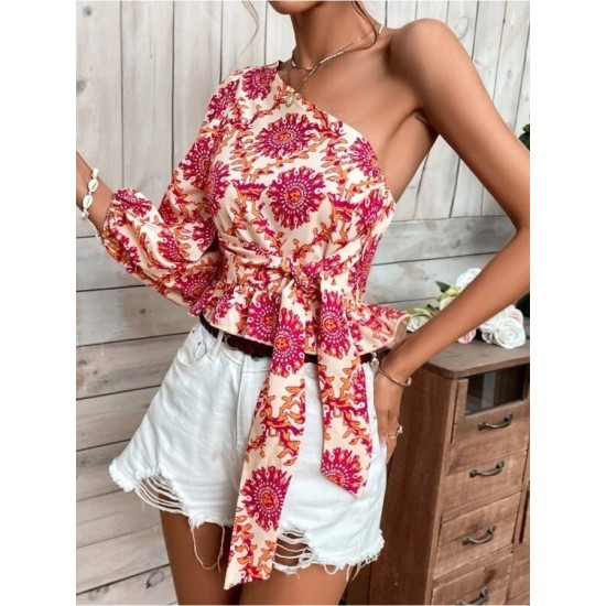 Mandala Printing One Shoulder Ruffled Lace Up Blouses