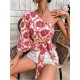 Mandala Printing One Shoulder Ruffled Lace Up Blouses