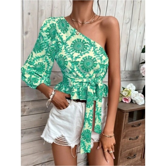 Mandala Printing One Shoulder Ruffled Lace Up Blouses