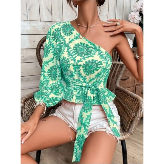 Mandala Printing One Shoulder Ruffled Lace Up Blouses