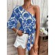 Mandala Printing One Shoulder Ruffled Lace Up Blouses