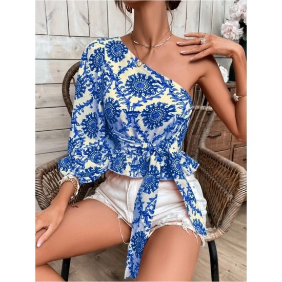 Mandala Printing One Shoulder Ruffled Lace Up Blouses