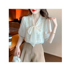 French Style Puff Sleeve Tie Neck Ladies Blouse