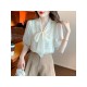 French Style Puff Sleeve Tie Neck Ladies Blouse