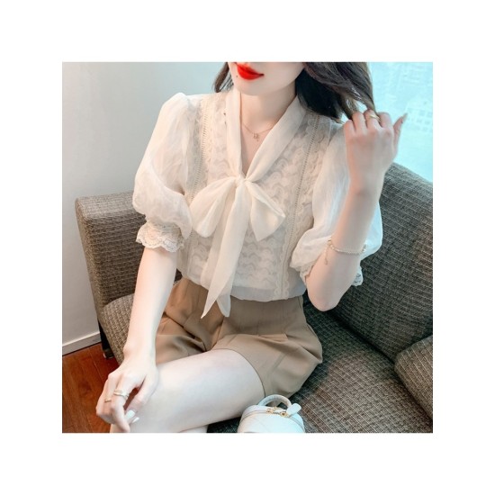 French Style Puff Sleeve Tie Neck Ladies Blouse