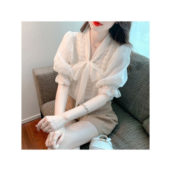 French Style Puff Sleeve Tie Neck Ladies Blouse