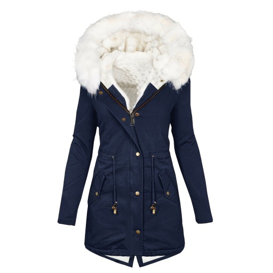 Womens Chic Thermal Parka Coat with Faux Fur Hood – Zip & Button Closure, Front Pockets, Ideal for Cold Weather