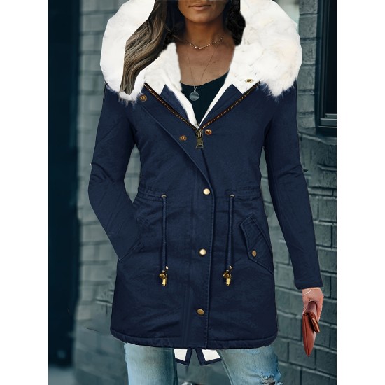 Womens Chic Thermal Parka Coat with Faux Fur Hood – Zip & Button Closure, Front Pockets, Ideal for Cold Weather