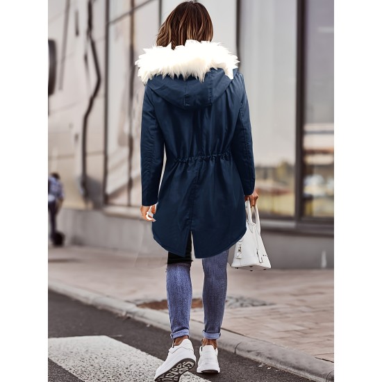 Womens Chic Thermal Parka Coat with Faux Fur Hood – Zip & Button Closure, Front Pockets, Ideal for Cold Weather