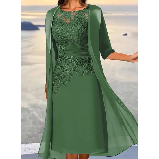 Lace Dress Dress Set Two Piece Dress Midi Dress Dusty Blue Green 3/4 Length Sleeve Pure Color Lace up Summer Spring Fall Crew Neck Elegant Party Wedding Guest 2023 S M L XL 2XL 3XL