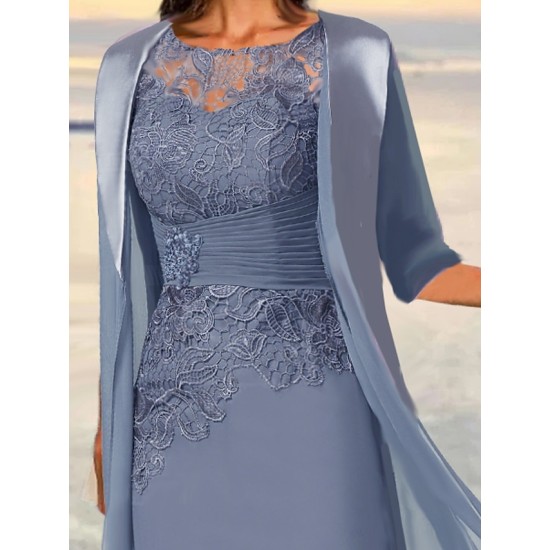 Lace Dress Dress Set Two Piece Dress Midi Dress Dusty Blue Green 3/4 Length Sleeve Pure Color Lace up Summer Spring Fall Crew Neck Elegant Party Wedding Guest 2023 S M L XL 2XL 3XL