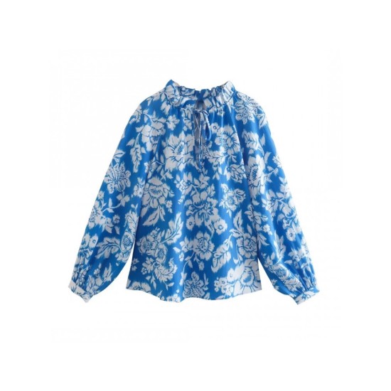 Flower Printed Stand Collar Long Sleeve Ladies Blouse