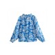 Flower Printed Stand Collar Long Sleeve Ladies Blouse