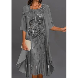 Dress Set Two Piece Dress Sheath Dress Midi Dress Dark Gray 3/4 Length Sleeve Print Layered Summer Spring Fall Crew Neck Romantic Date Vacation 2023 S M L XL 2XL 3XL