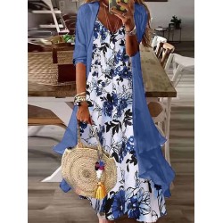 Two Piece Dress Set Casual Dress Print Dress Outdoor Daily Fashion Casual Print Maxi Dress V Neck Half Sleeve Leaf Floral Regular Fit Blue Purple Summer Spring S M L XL XXL