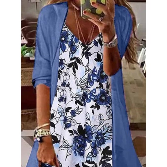 Two Piece Dress Set Casual Dress Print Dress Outdoor Daily Fashion Casual Print Maxi Dress V Neck Half Sleeve Leaf Floral Regular Fit Blue Purple Summer Spring S M L XL XXL