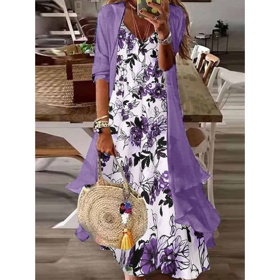 Two Piece Dress Set Casual Dress Print Dress Outdoor Daily Fashion Casual Print Maxi Dress V Neck Half Sleeve Leaf Floral Regular Fit Blue Purple Summer Spring S M L XL XXL