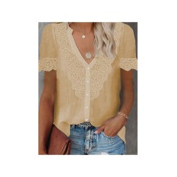 Casual V Neck Lace Patch Short Sleeve Ladies Tops