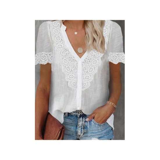 Casual V Neck Lace Patch Short Sleeve Ladies Tops