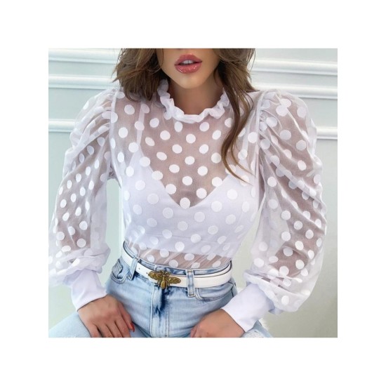 See-through Polka Dots Puff Sleeve Ladies Top