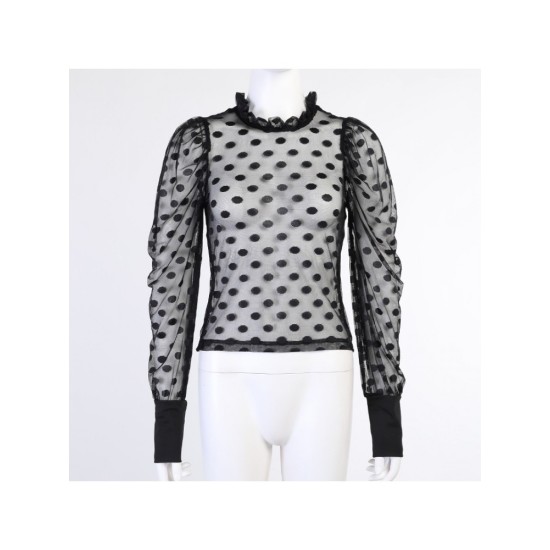 See-through Polka Dots Puff Sleeve Ladies Top