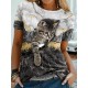 T shirt Tee Black White Blue Graphic Cat Print Short Sleeve Daily Weekend Vintage Round Neck Regular 3D Cat Painting S