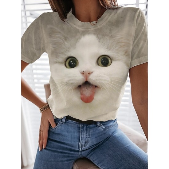 T shirt Tee Black White Blue Graphic Cat Print Short Sleeve Daily Weekend Vintage Round Neck Regular 3D Cat Painting S