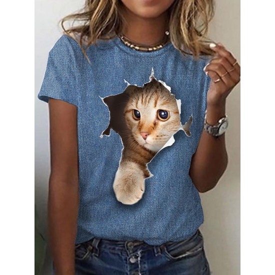 T shirt Tee Black White Blue Graphic Cat Print Short Sleeve Daily Weekend Vintage Round Neck Regular 3D Cat Painting S